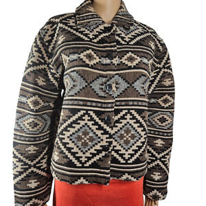 1990s Brown Aztec Print Tapestry Button Up Jacket Fold Down Collar Size 8 Medium